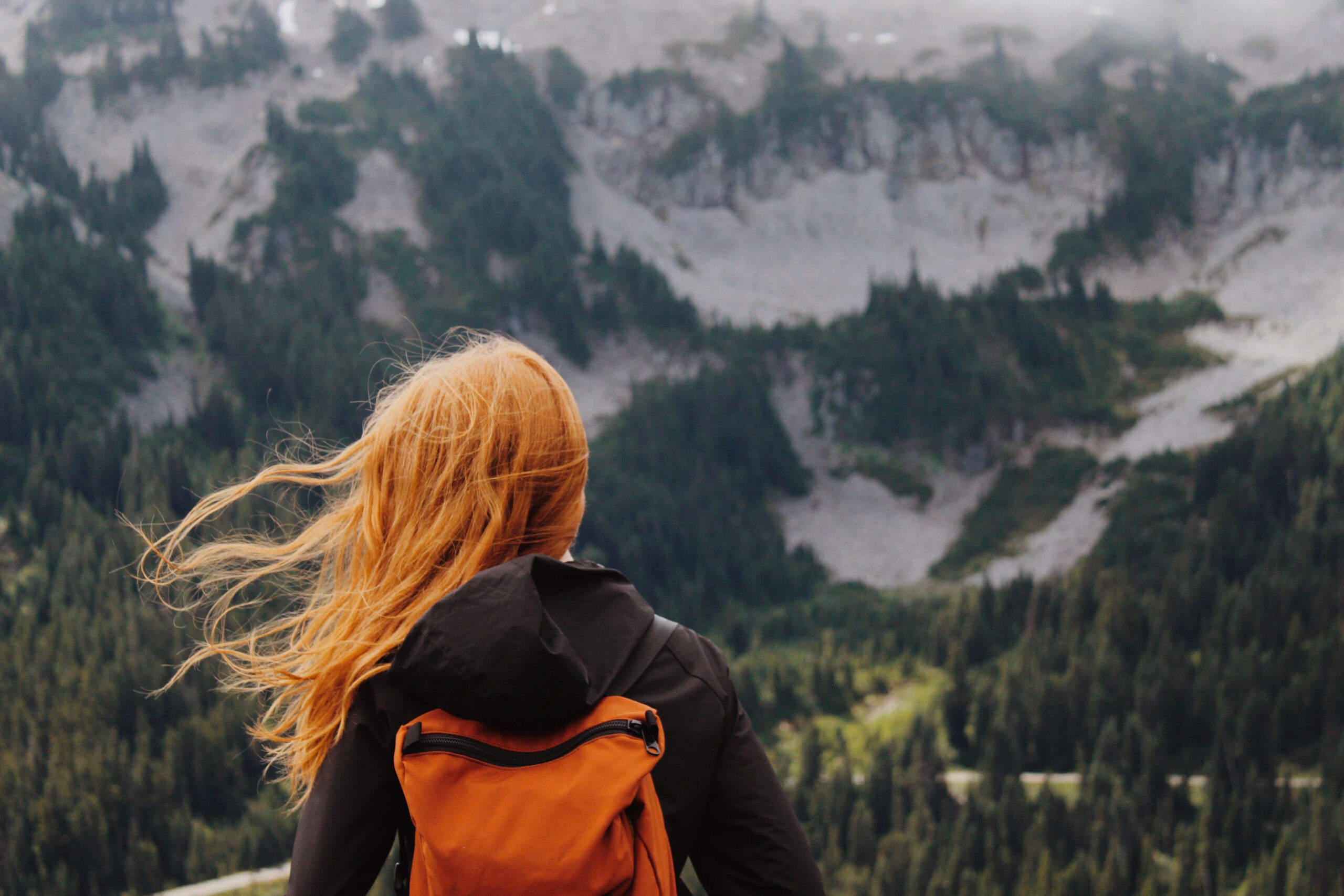 A back photo of a person with flowing hair and carrying an orange backpack. There is also a partially snow covered mountain in view.