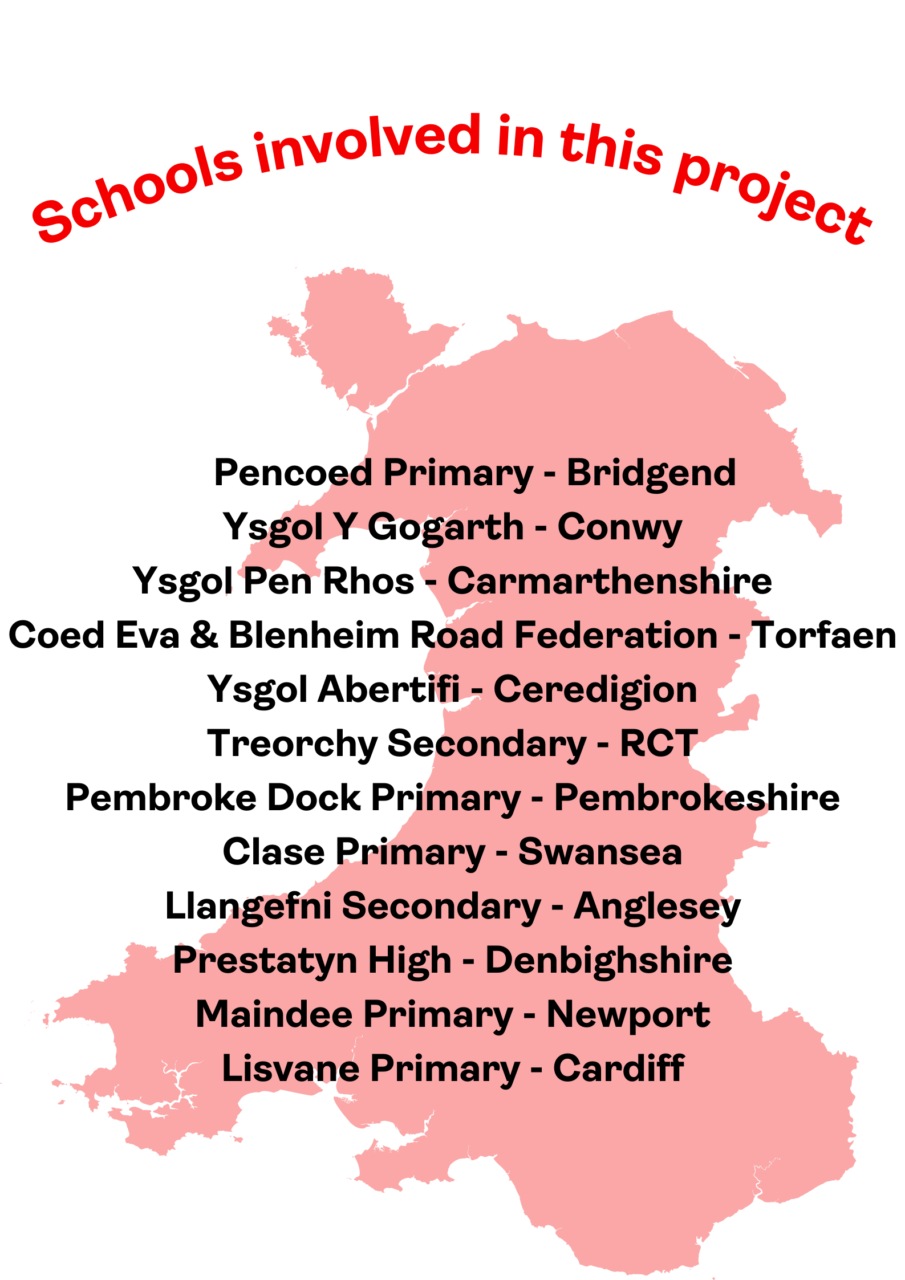 Map of Wales with a list of schools involved in the project