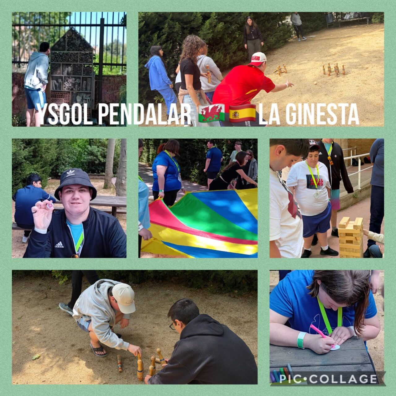 Photo collage showing participants taking part in outdoor team-building activities, including skittles, giant Jenga, parachute games, nature exploration and creative tasks, with Welsh and Spanish flags displayed alongside the activity title.